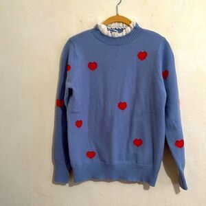 Sky Blue Long Sleeve Crew Neck Sweater With Red Hearts and Lace Trim Size S/M